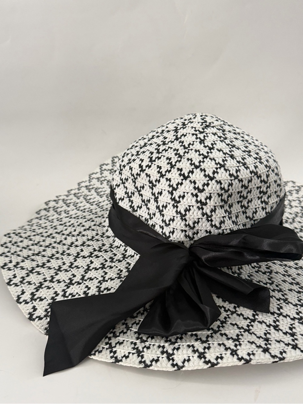 Black & White Woven Wide-Brim Sun Hat with Black Bow